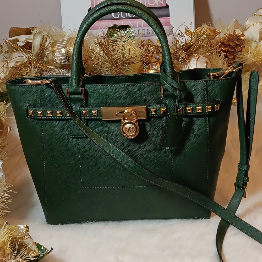 Michael Kors Hunter Green Traveler Studded Satchel Tote Bag